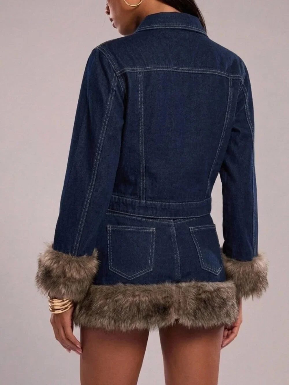 Blue Casual Women's Lapel Long Sleeve Top And Denim Mini Skirt Set